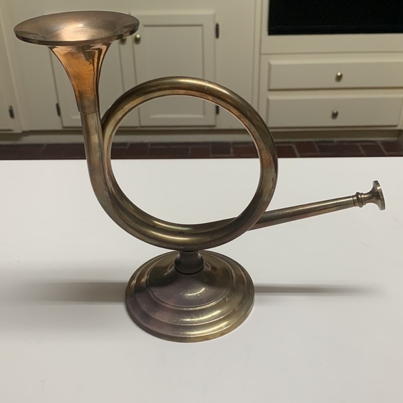 Vintage Solid Brass French Horn Bugle Candle Holder Decor - Picture 2 of 5